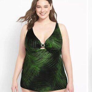 Lane Bryant Swim by Cacique Palm Print Tankini Top w/ Underwire Plunge Bra 38DD